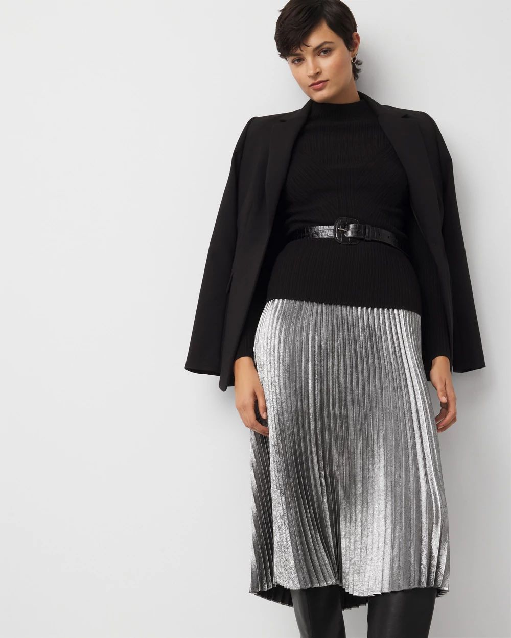 Pleated Chiffon Metallic Midi Skirt