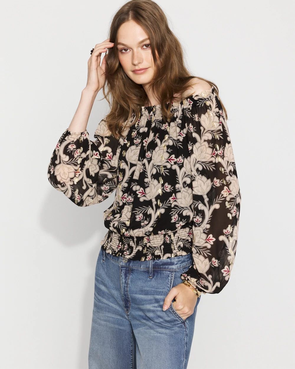 Off-the-Shoulder Floral Jacquard Blouse