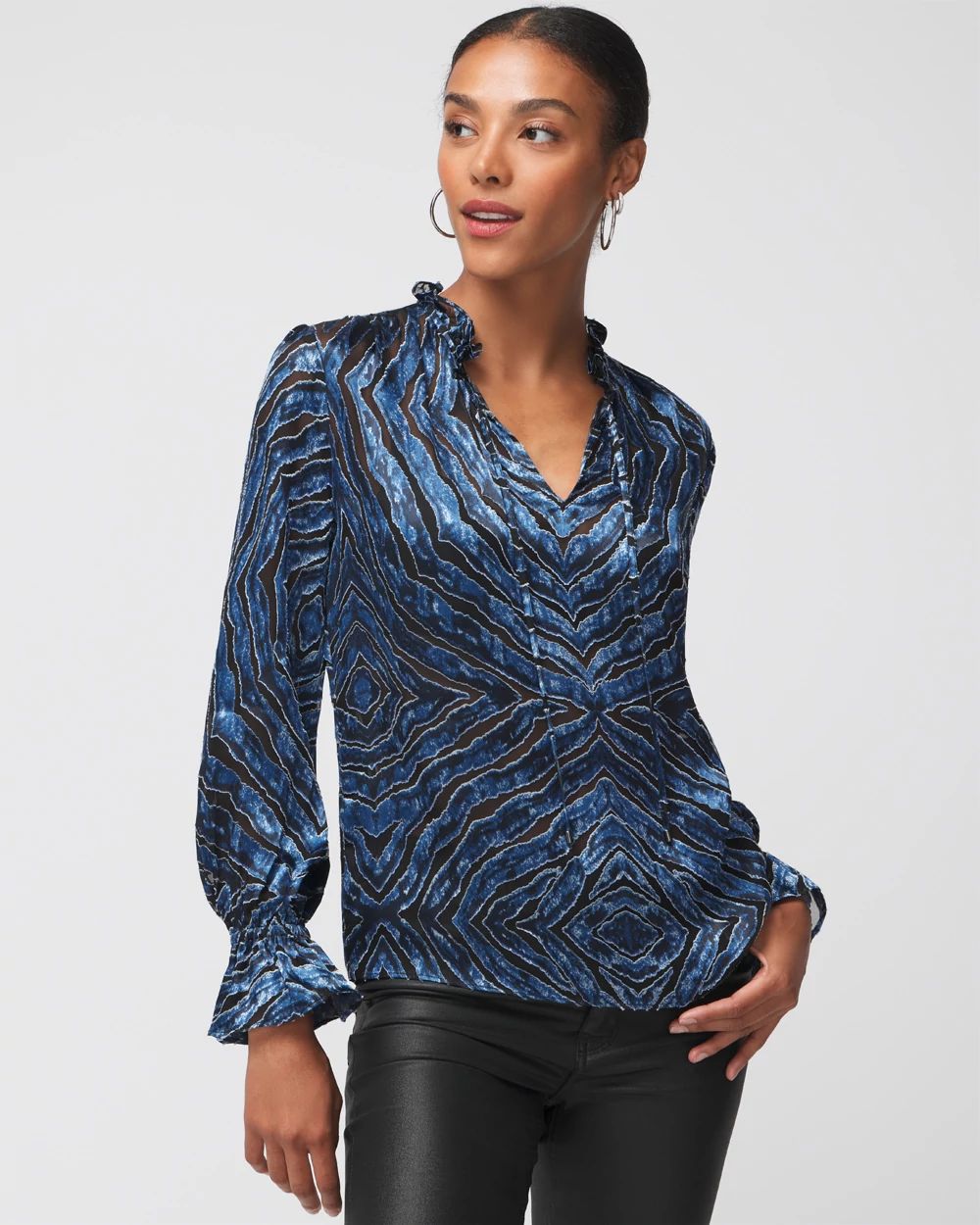 Long Sleeve Silk Burnout Tie Blouse