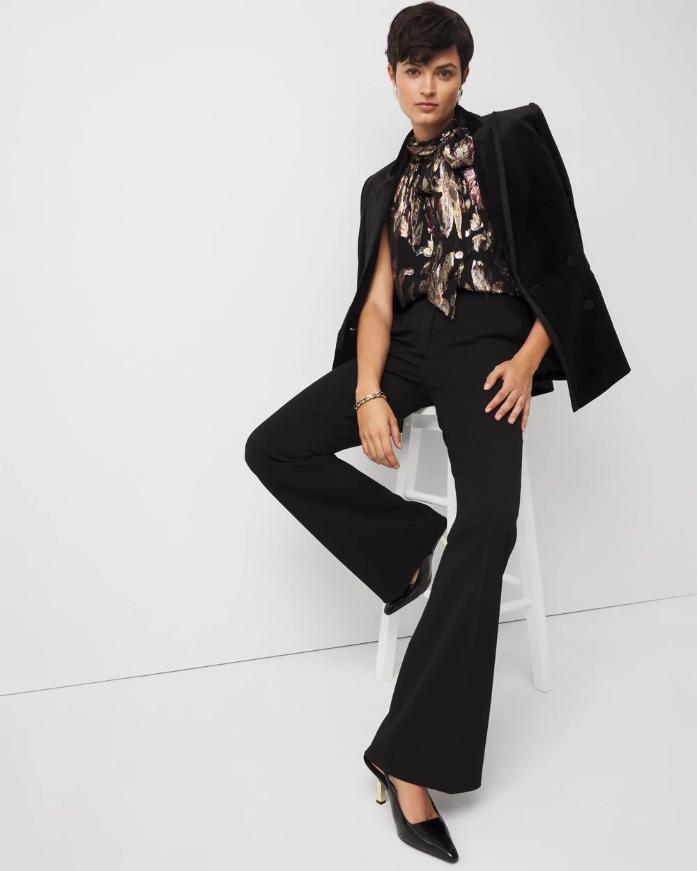 Floral Jacquard Tie-Neck Blouse