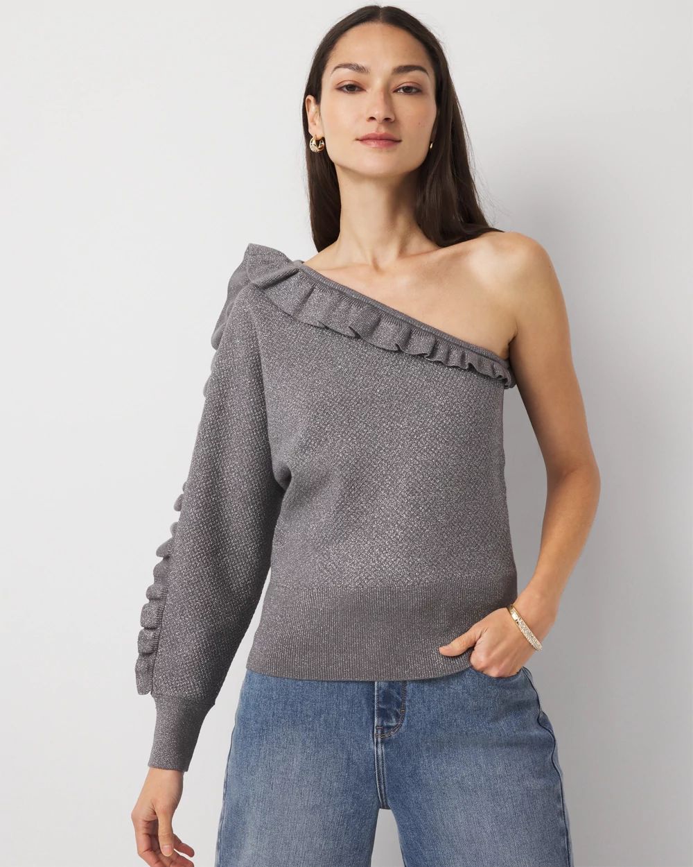 Metallic Ruffle One-Shoulder Sweater