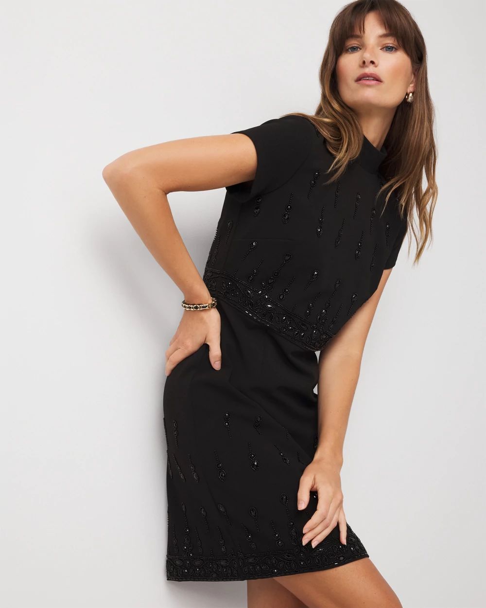 Mockneck Embellished Crepe Dress