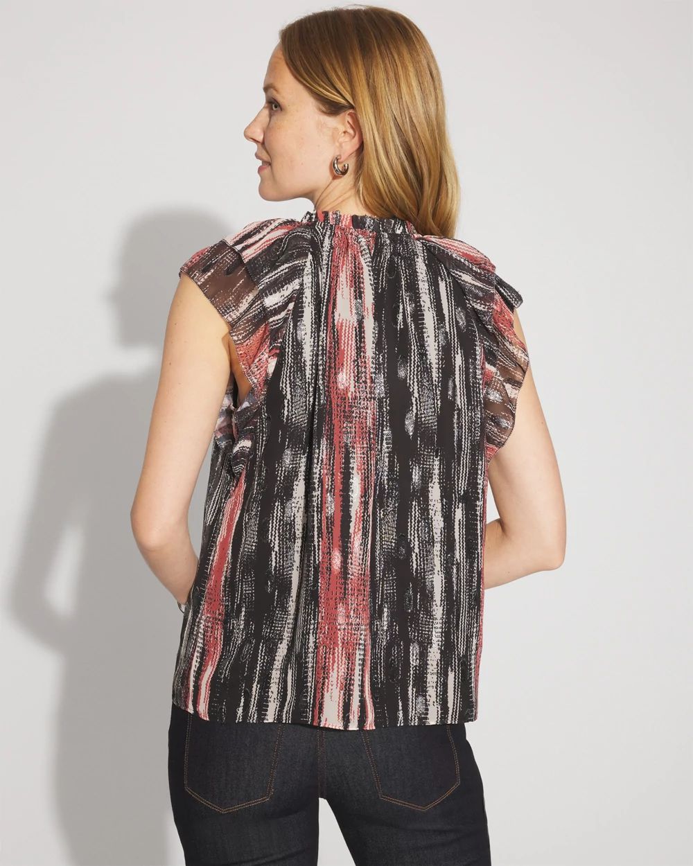 Metallic Flutter Sleeve Tie-Neck Shell