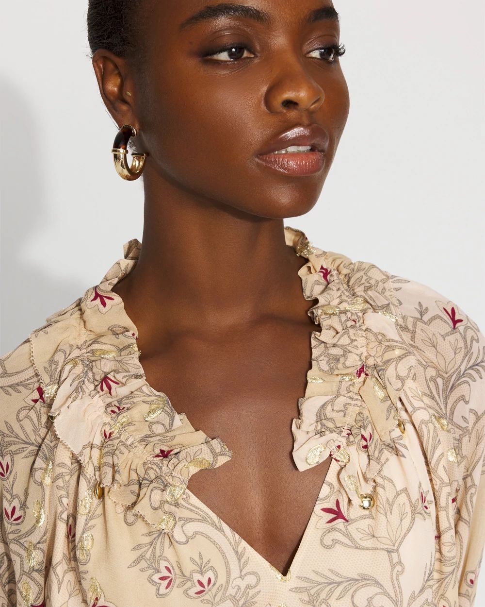 Floral Ruffle Neck Blouse with Gold Clip