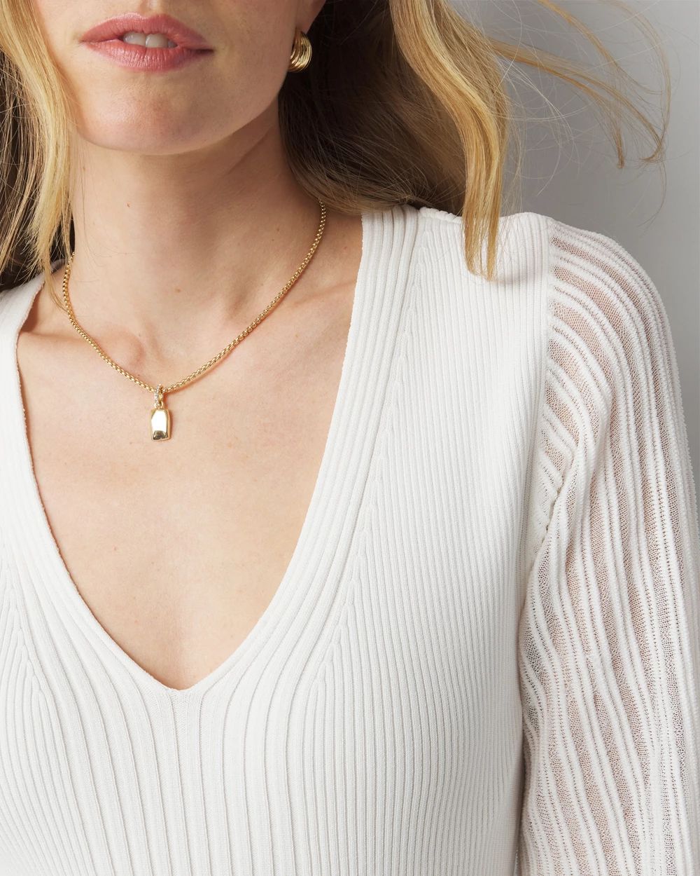 Sheer Sleeve V-Neck Sweater