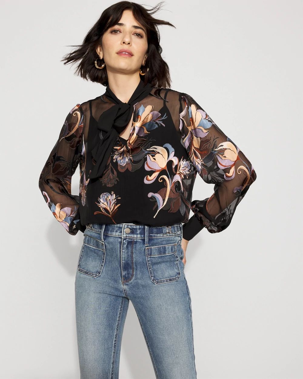 Floral Silk Burnout Tie-Neck Blouse