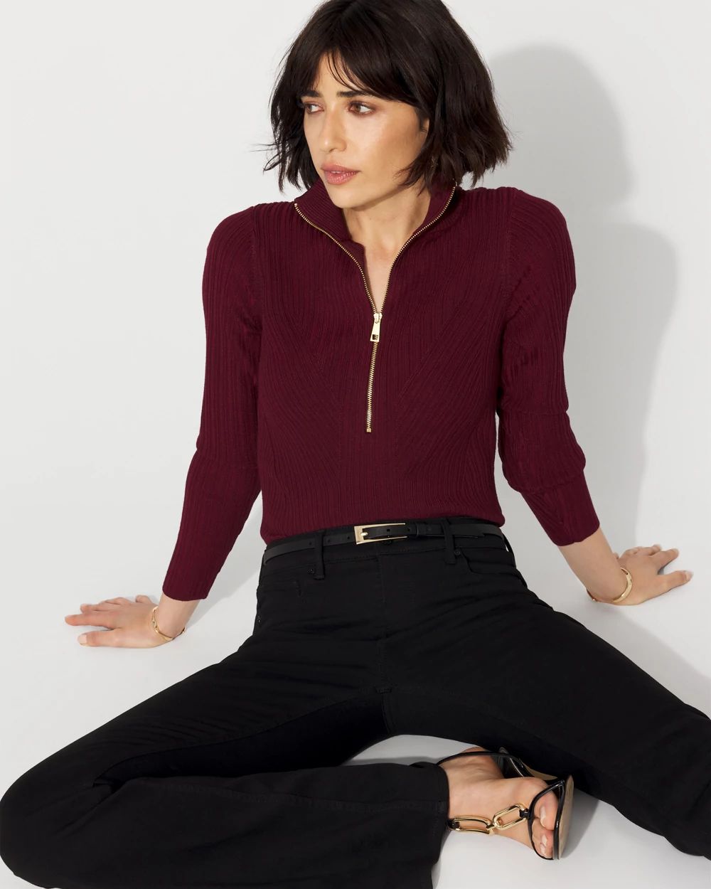 Rib Knit Half-Zip Mock Neck Sweater