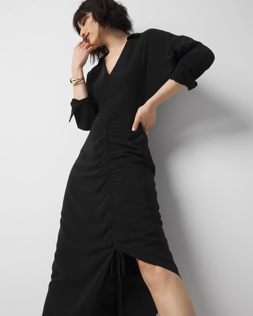 Ruched Crepe Midi Shirt Dress