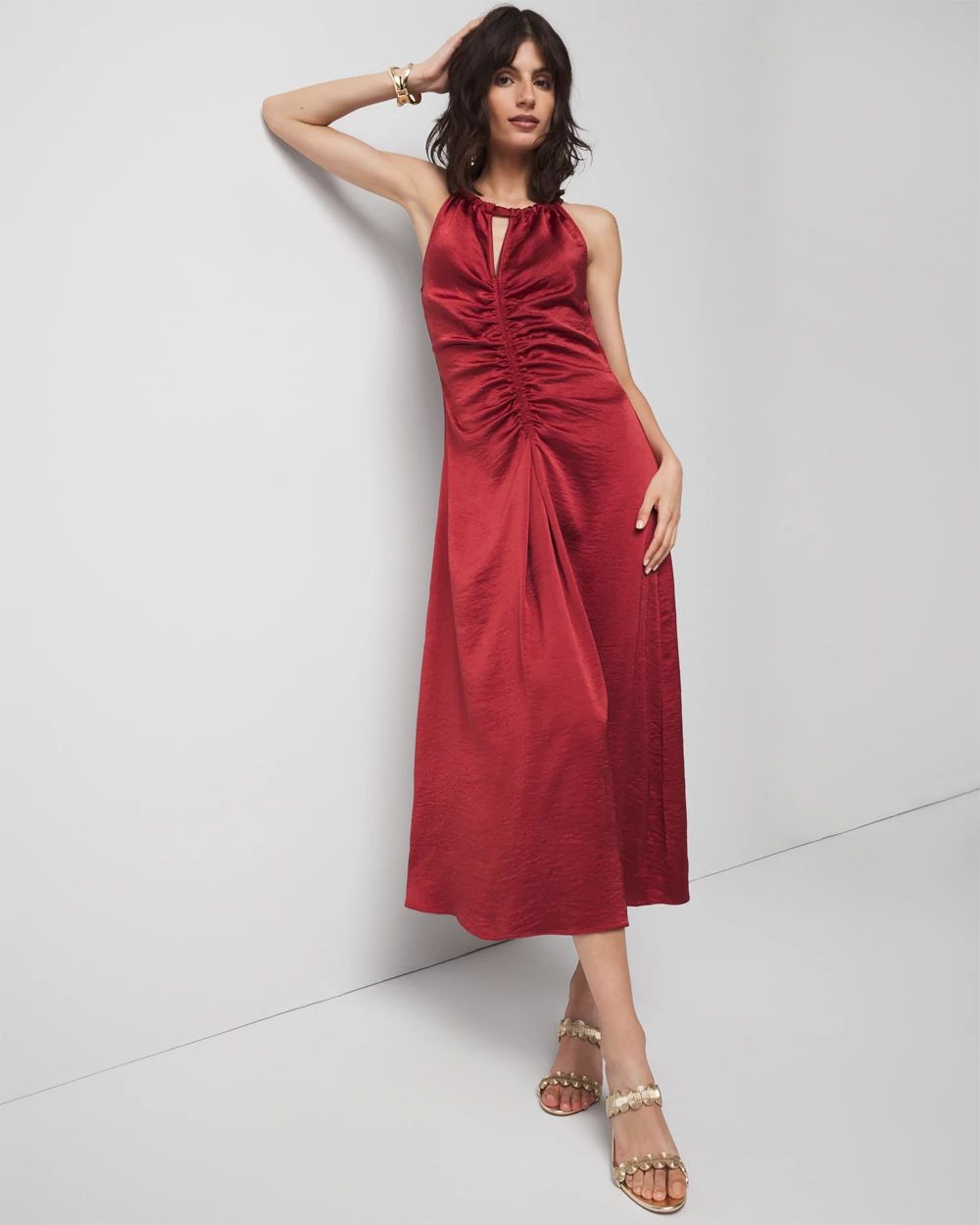 Satin Halter Ruched Midi Dress