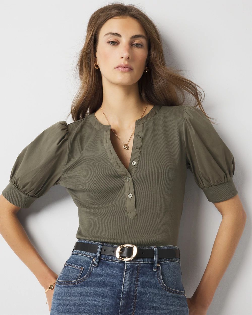 Poplin Puff-Sleeve Henley Top