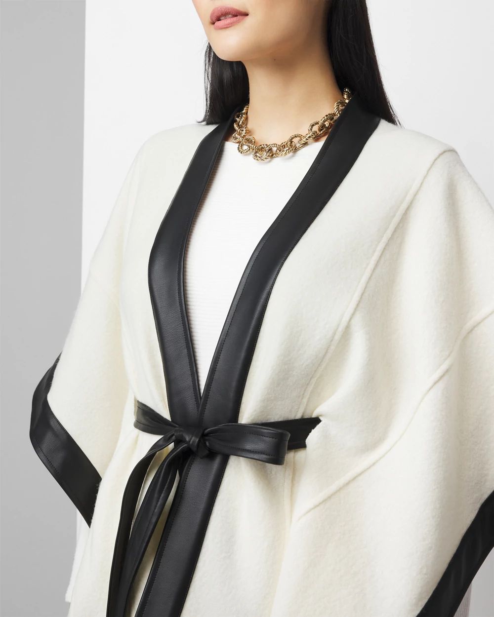 Wool Blend Ruana with Faux Leather Trim