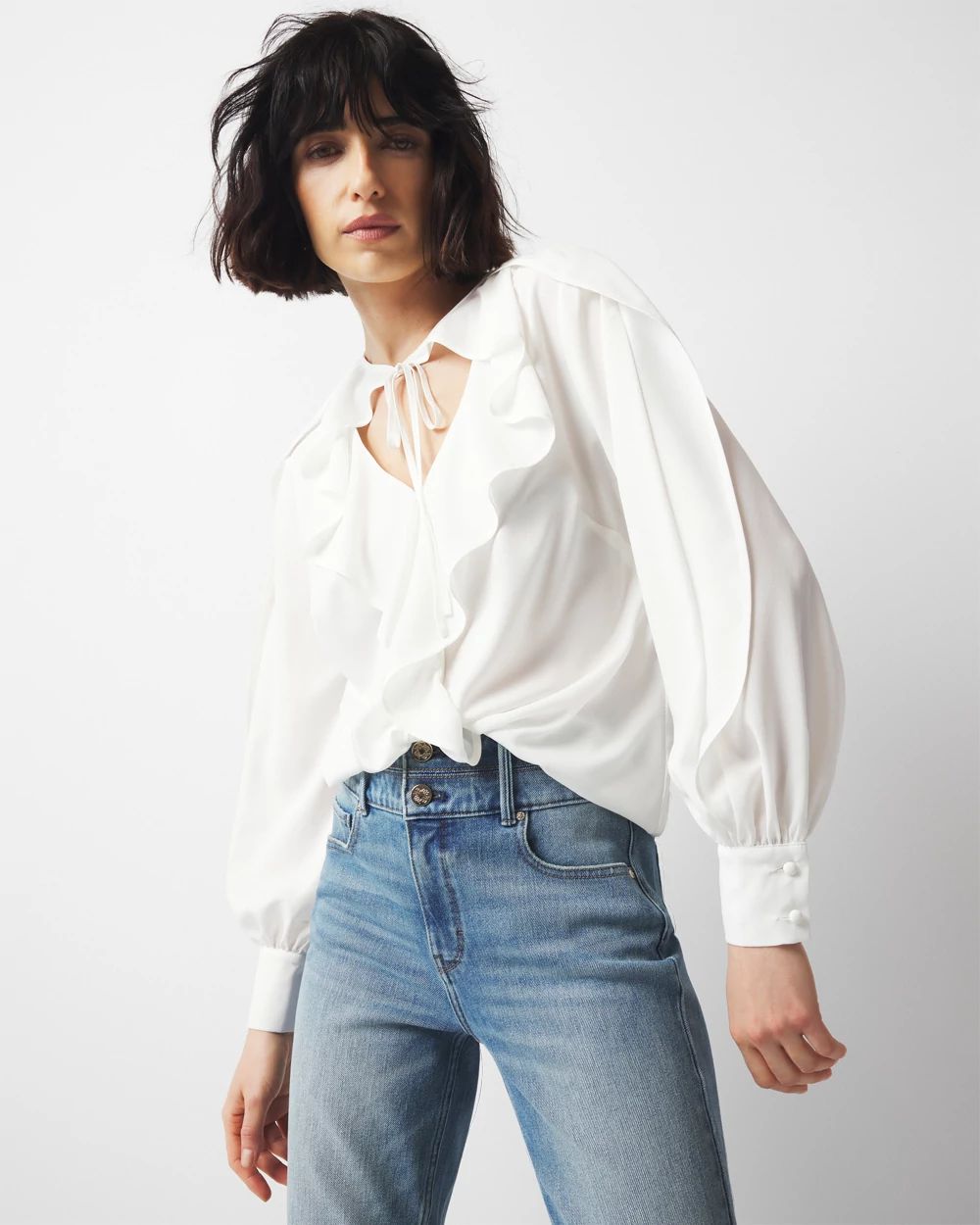 Petite Tie-Neck Ruffle Blouse
