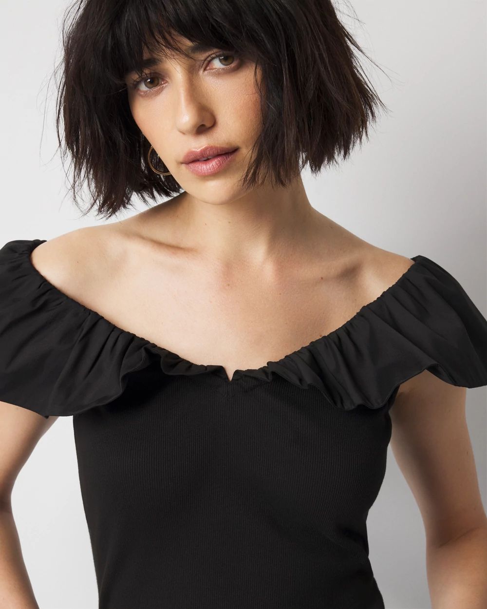 Petite Ruffle Poplin Knit Top