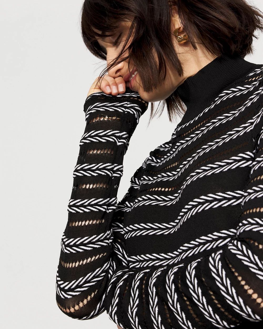 Black + White Rib Knit Mock Neck Sweater