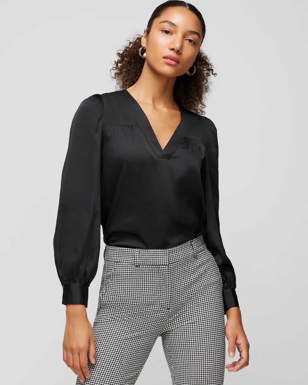 Long Sleeve Topstitch Satin Blouse